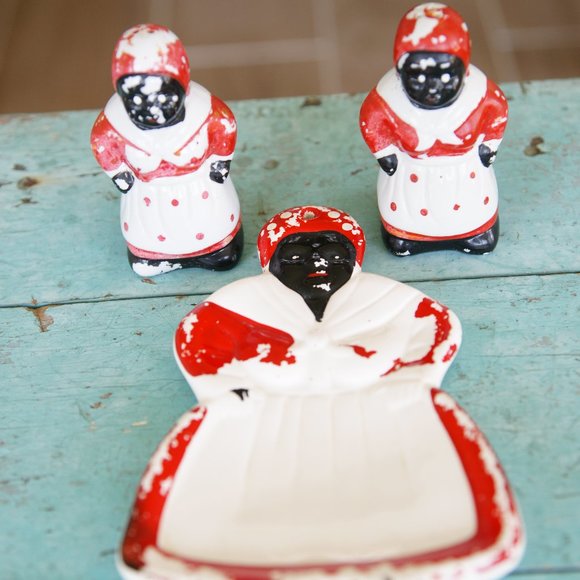 Vintage Porcelain Early Americana Salt & Pepper and Spoon Rest Rare - Picture 7 of 11